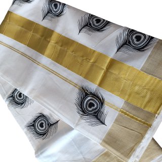 Womens Kerala Traditional Kuthampully Set Saree with Printed Designs