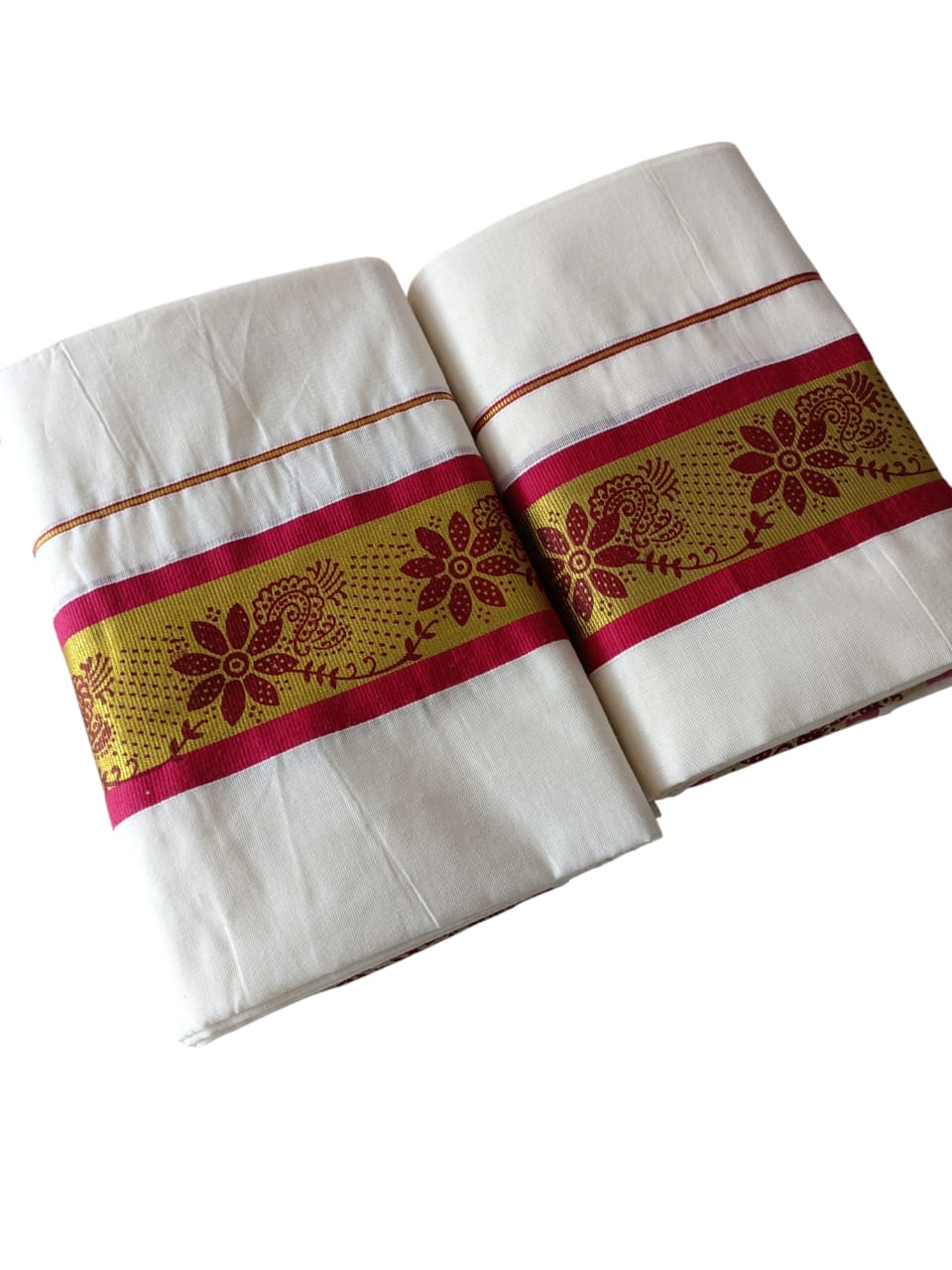 Womens Kerala Traditional Kuthampully Set Mundu with Printed Designs