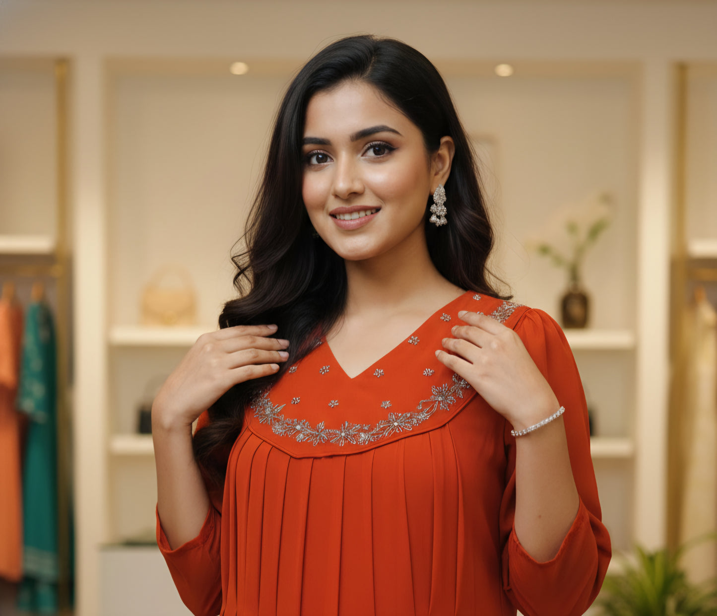 Faux georgette rust orange handworked kurti[MCAN19]