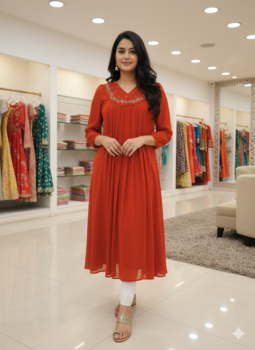 Faux georgette rust orange handworked kurti[MCAN19]