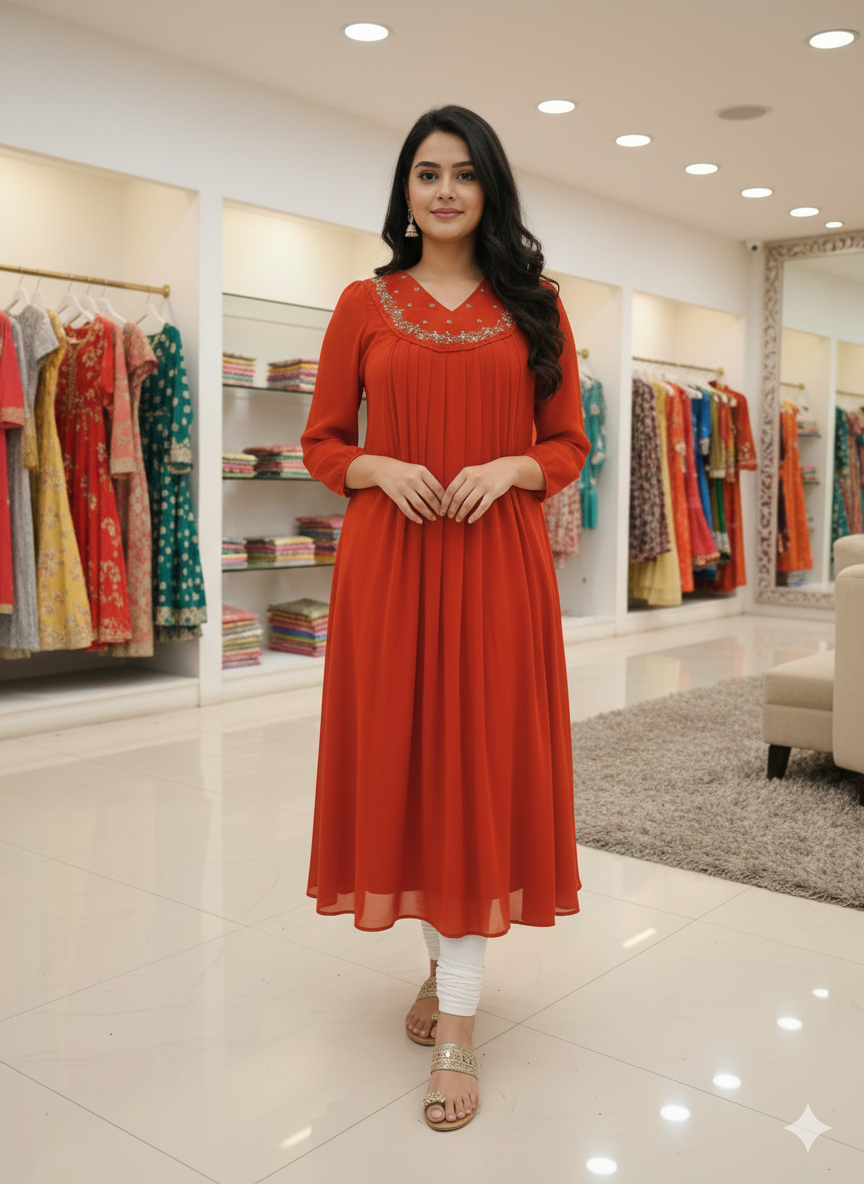 Faux georgette rust orange handworked kurti[MCAN19]