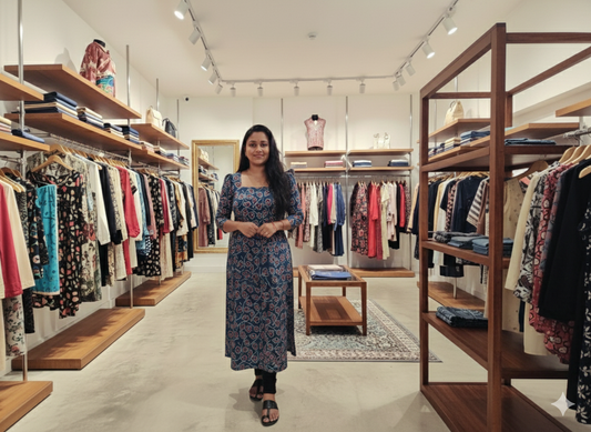 PURE COTTON AJRAKH ALINE KURTI WITH PUFF SLEEVES [MCAN23]