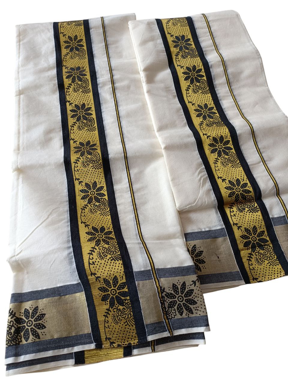 Womens Kerala Traditional Kuthampully Set Mundu with Printed Designs