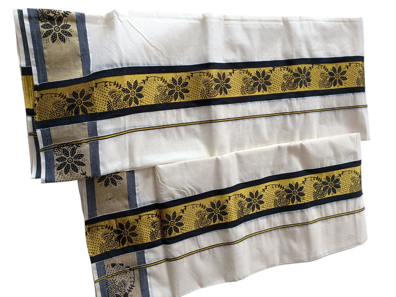 Womens Kerala Traditional Kuthampully Set Mundu with Printed Designs