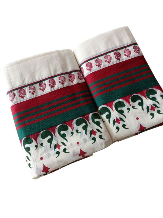 Womens Kerala Traditional Kuthampully Set Mundu with Printed Designs