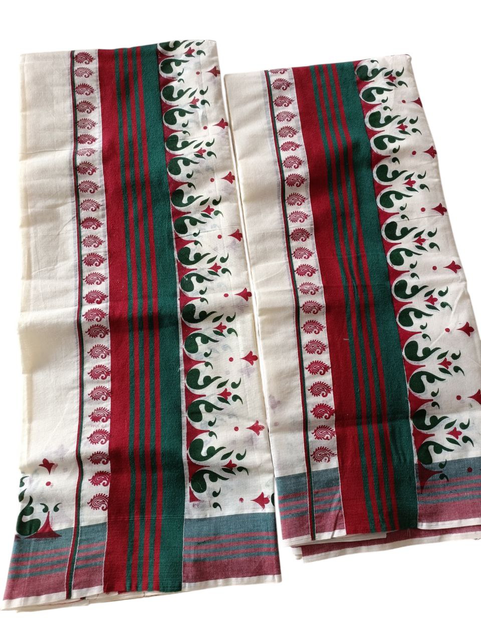 Womens Kerala Traditional Kuthampully Set Mundu with Printed Designs