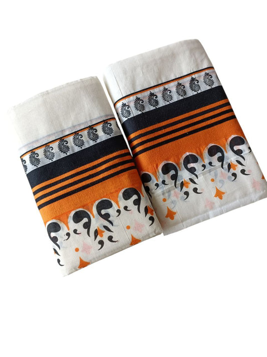 Womens Kerala Traditional Kuthampully Set Mundu with Printed Designs
