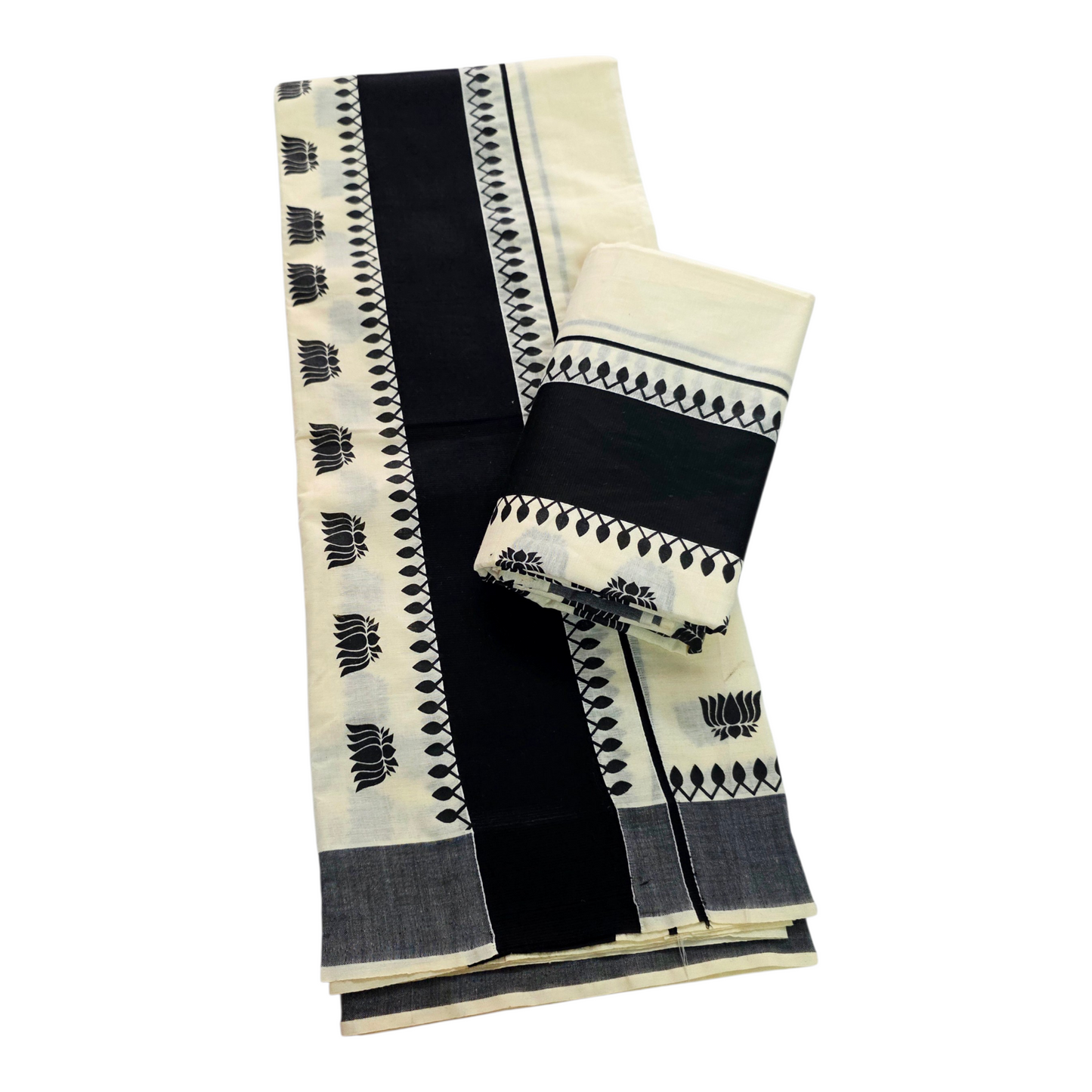 Womens Kerala Traditional Kuthampully Cotton Black Kattikkara Set mundu With printed design