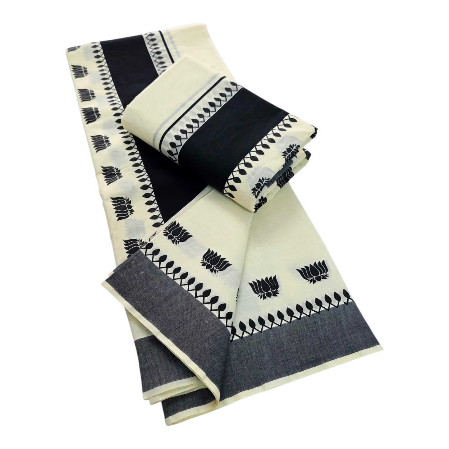 Womens Kerala Traditional Kuthampully Cotton Black Kattikkara Set mundu With printed design