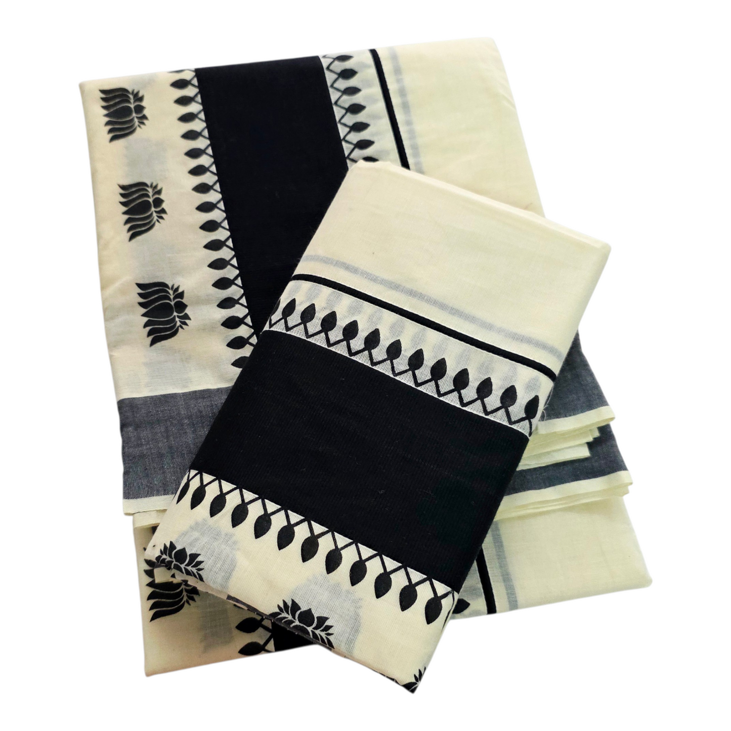 Womens Kerala Traditional Kuthampully Cotton Black Kattikkara Set mundu With printed design