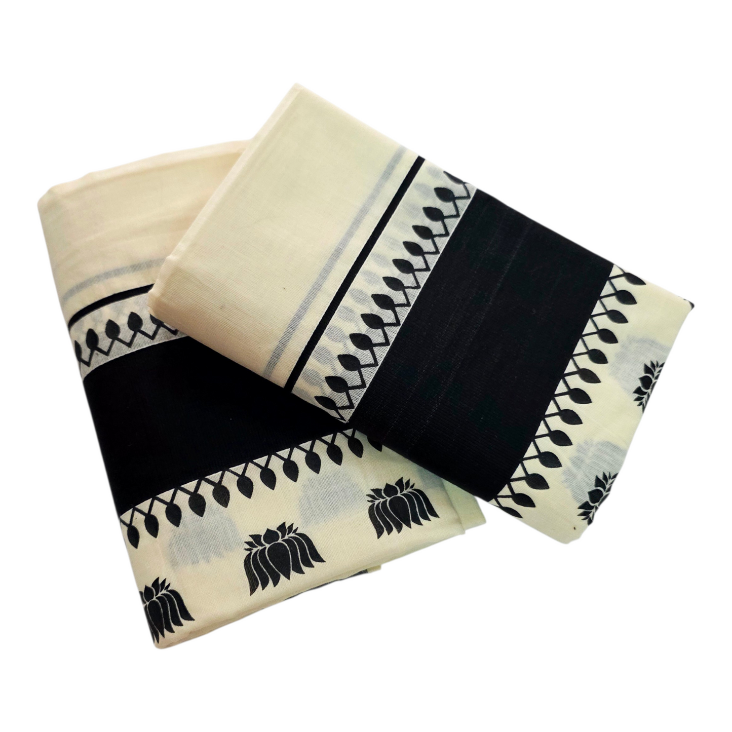 Womens Kerala Traditional Kuthampully Cotton Black Kattikkara Set mundu With printed design