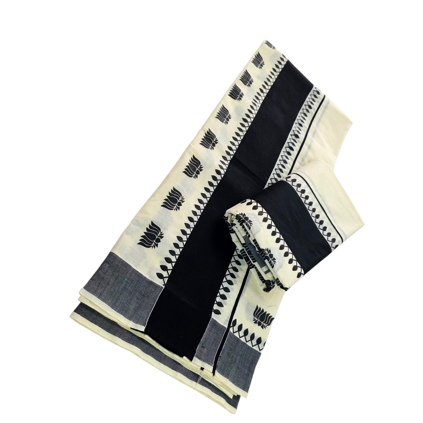 Womens Kerala Traditional Kuthampully Cotton Black Kattikkara Set mundu With printed design
