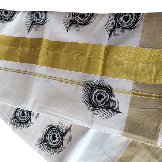 Womens Kerala Traditional Kuthampully Set Saree with Printed Designs