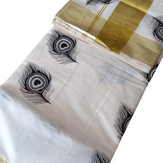 Womens Kerala Traditional Kuthampully Set Saree with Printed Designs