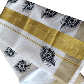 Womens Kerala Traditional Kuthampully Set Saree with Printed Designs