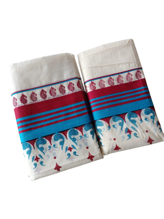 Womens Kerala Traditional Kuthampully Set Mundu with Printed Designs