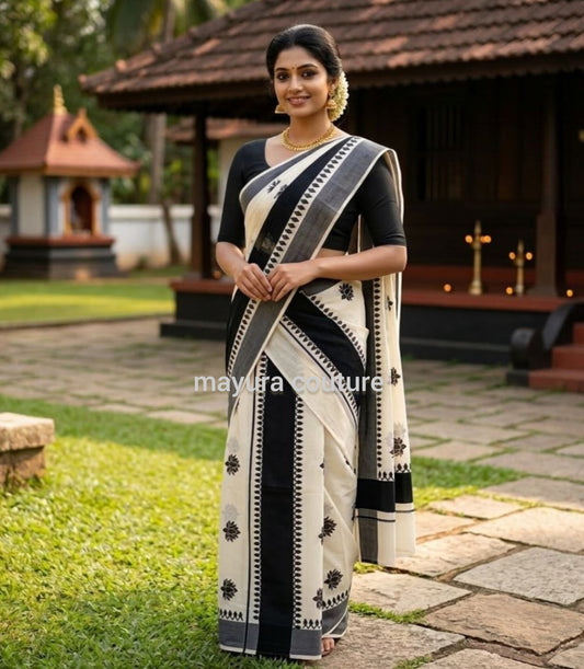 Womens Kerala Traditional Kuthampully Cotton Black Kattikkara Set mundu With printed design