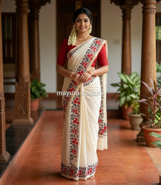 Womens Kerala Traditional Kuthampully Cotton Set mundu With printed design